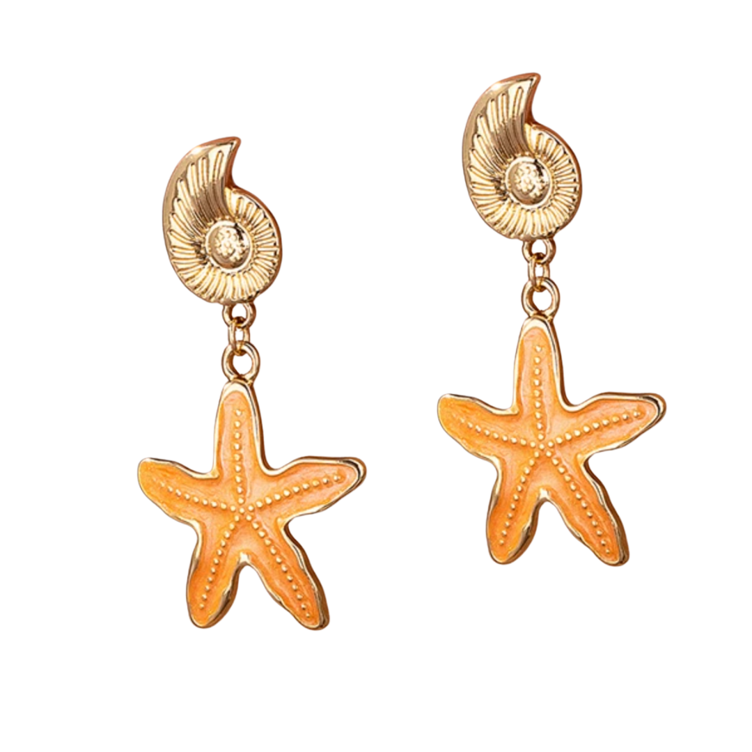 Starfish & Shell earrings Gold & Orange