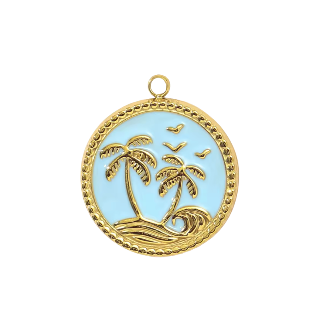 Palm Tree Pendant Charm Gold & Blue