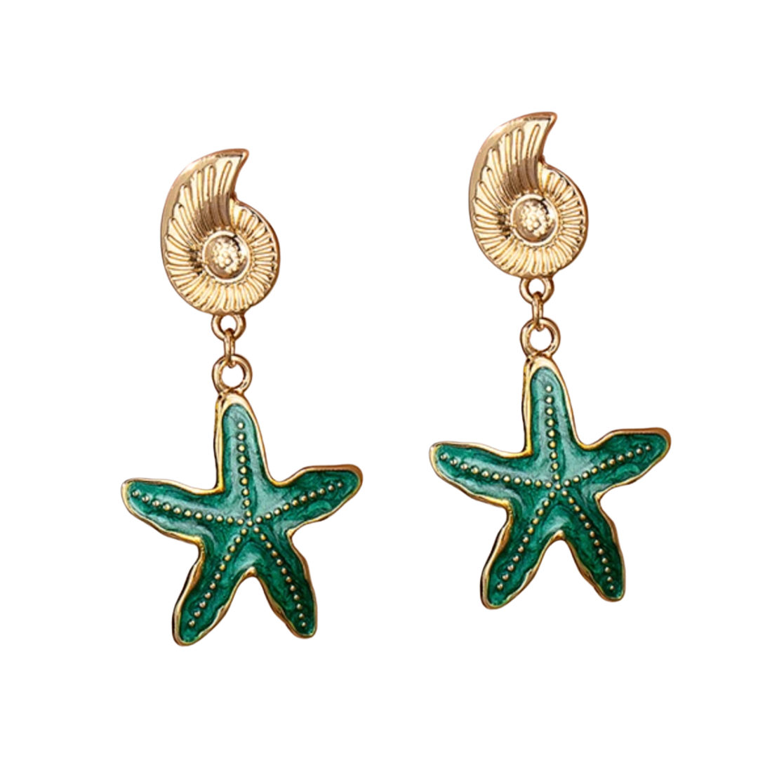 Starfish & Shell earrings Gold & Green