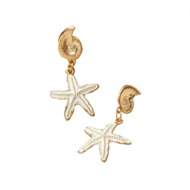 Starfish & Shell earrings Gold & White