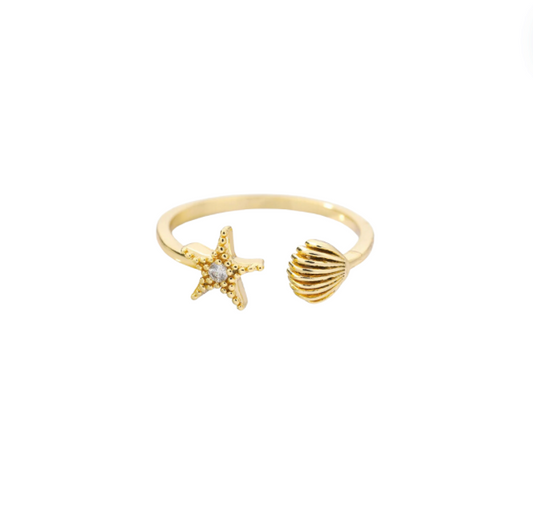 Clam Shell & Starfish Ring Stainless Steel Adjustable ring